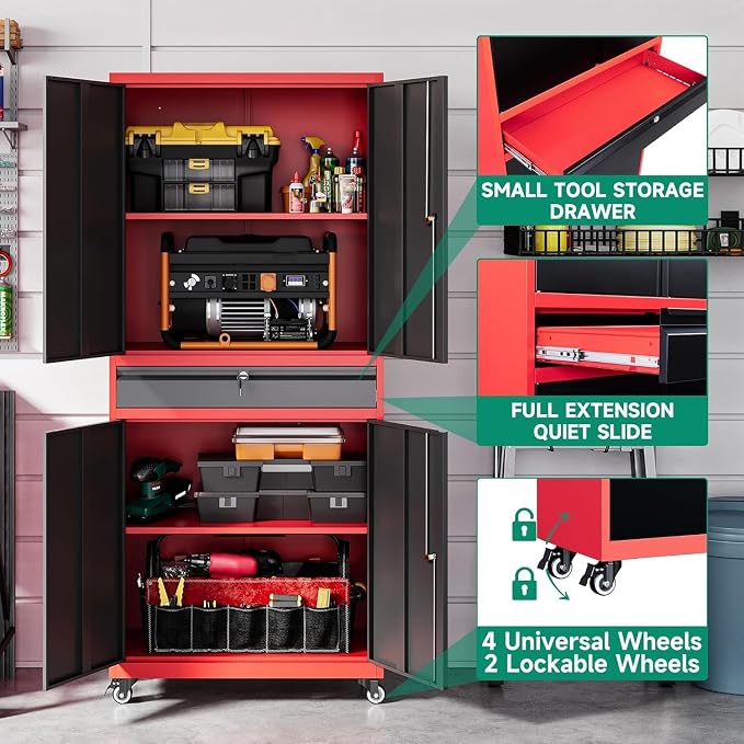 Metal Garage Storage Cabinet with Wheels,Rolling Tool Cabinet with Adjustable Shelves and Drawer for Garage Home Utility Room (Red)