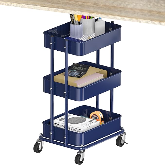 Simple Houseware 3-Tier Utility Cart, Low 24" Height Fits Under Desk, Navy | Compact & Lower Height Great for Under-Desk Space-Saving Storage for Home Office, Dining Room, or Kitchen