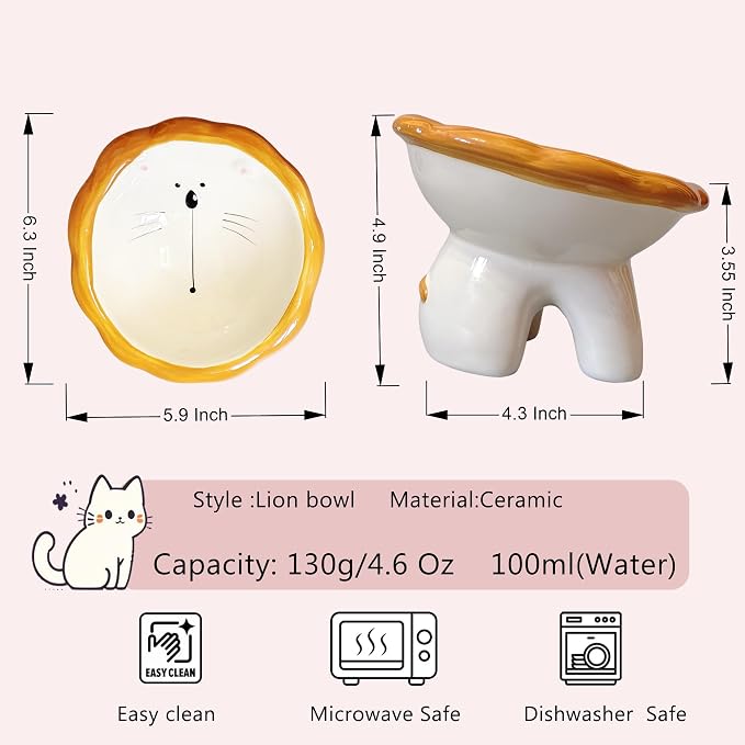 Lion Themed Tilted Ceramic Pet Bowl - High-Raised Cat/Dog Dish, 15° Anti-Regurgitation, 120g Large Capacity
