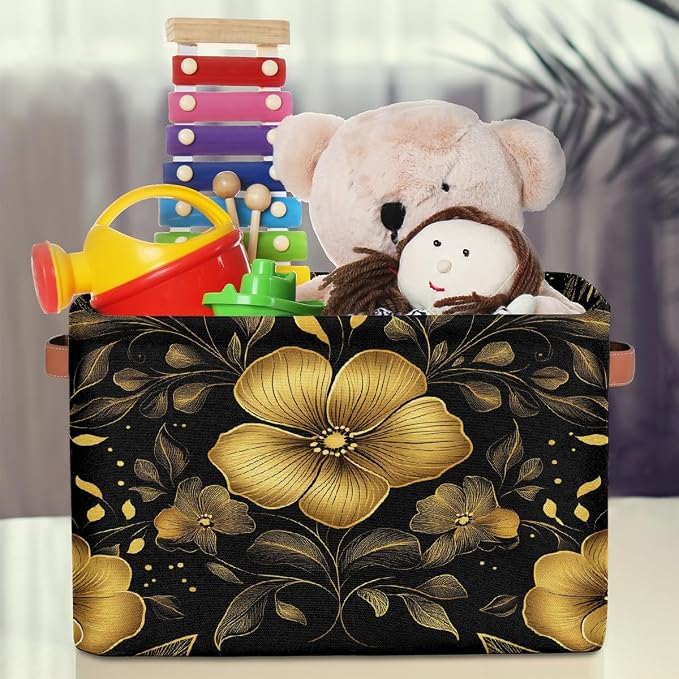 Rectangular Storage Basket Foldable Fabric Storage Bin Toy Baskets Organizer for Shelves Closet Bedroom Home Office, (Black Gold Flower)