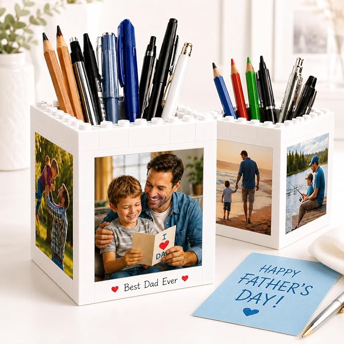 Custom Photo Building Blocks Pen Holder for Desk, 2-in-1 Personalized Photo Block Puzzle Pencil Pot with 4-Side Image Text, Detachable Building Brick Picture Frame