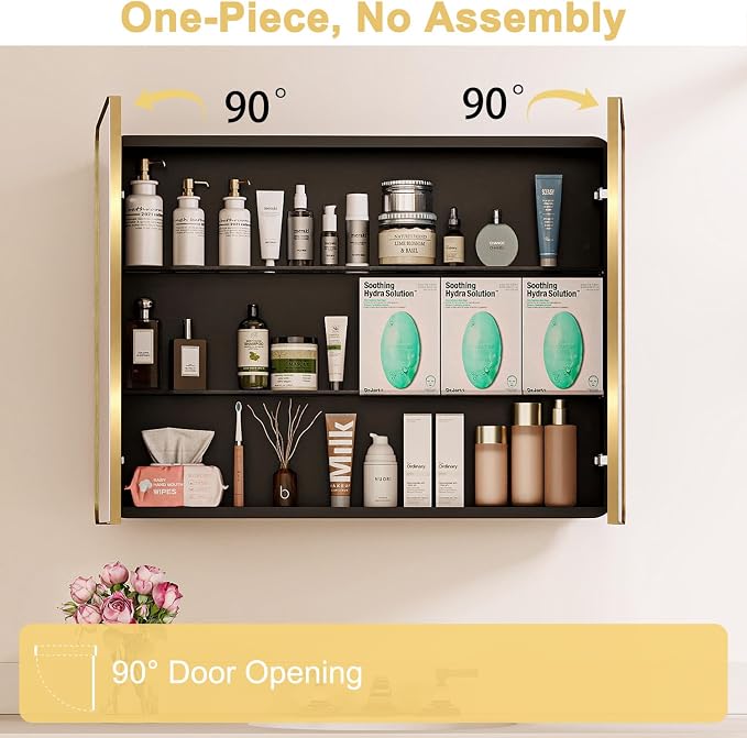32x24 in Brushed Gold Double Door Medicine Cabinet with Mirror, Gold