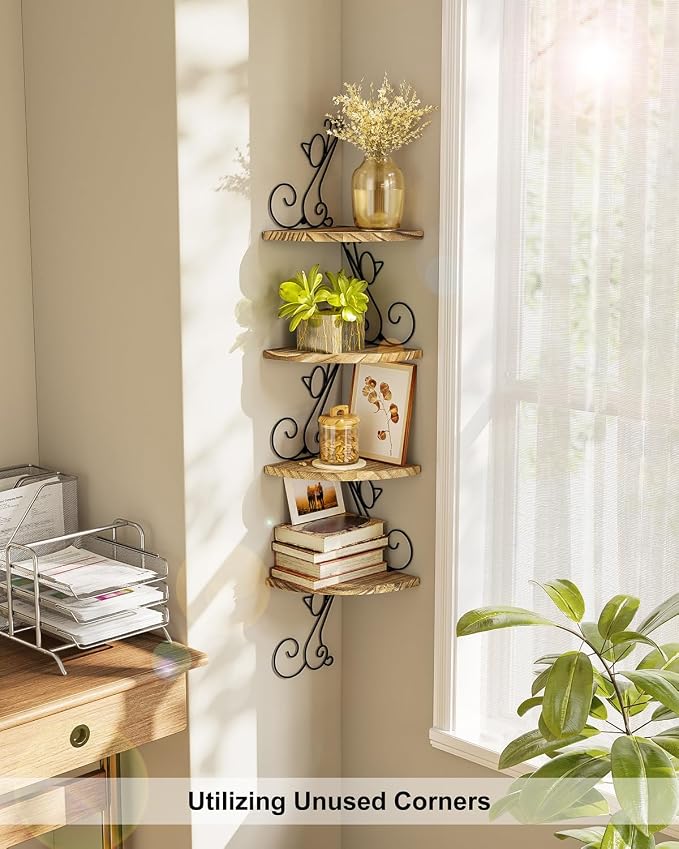 Alsonerbay 4-Tier Cat Shaped Corner Shelf Wall Mount, Carbonized Black | Curved solid wood, 35.2 lbs total capacity, reinforced metal bracket, rustic decor, for bedroom, living room & kitchen