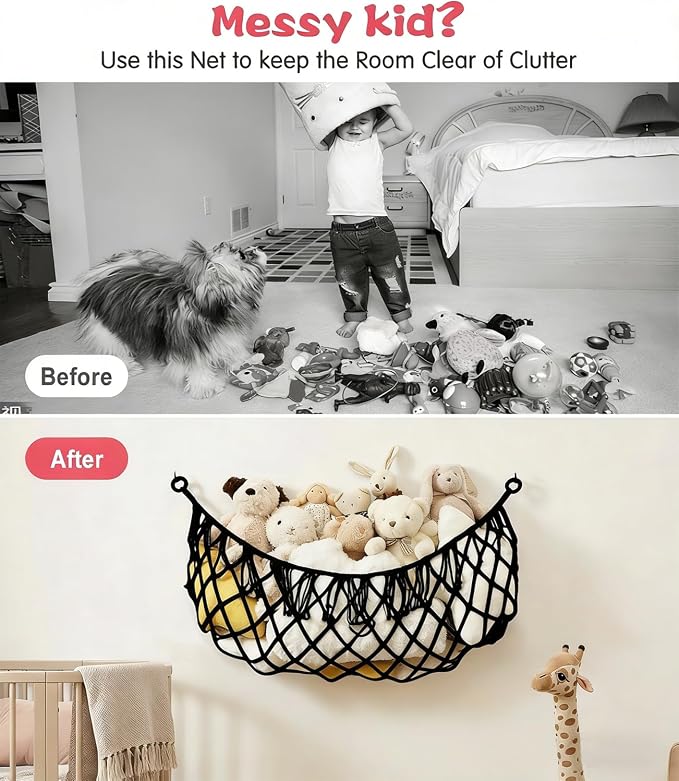Stuffed Animal Net Hammock, Save Space Eliminate Clutter (Black) | Premium Cotton Hand-knitted plush hammock, Boho Stuffed Animal Storage for Nursery, Bedroom Decor, playrooms