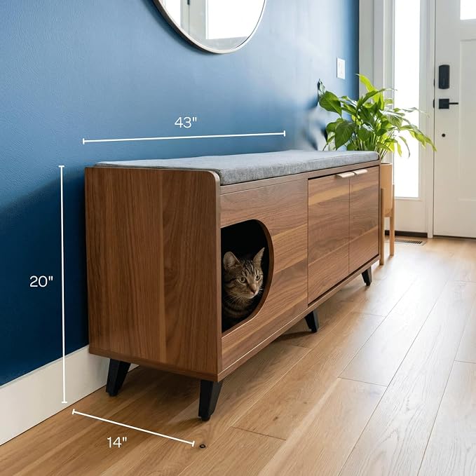 4 Cats & Dogs Tucker Shoe Cabinet – Multi-Functional Crate with Cushioned Bench Seat, Pet Nook & Hidden Cat Litter Box Storage, Modern Hallway Furniture 43” x 14” x 20”- Walnut