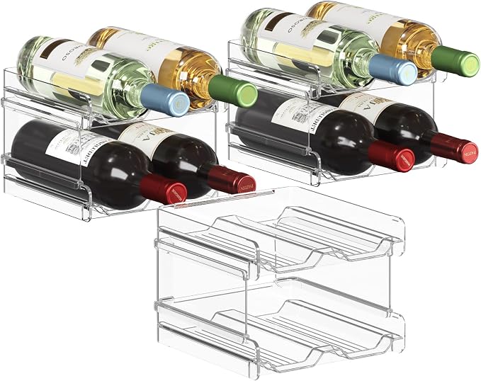 Lifewit Stackable Wine Rack for Cabinet, Plastic Refrigerator Wine Holder | Clear Water Bottle Storage Rack for Fridge Shelf, Tumbler Cup Organizer Holds 12 Bottles for Countertop, Kitchen Organization