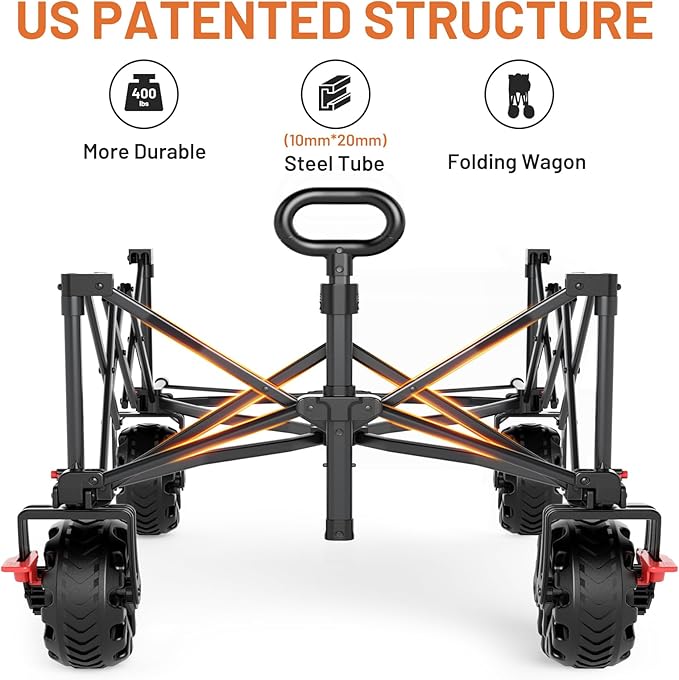 TIMBER RIDGE 600L Beast Wagon 26" W Extra Wide All Terrain Folding w/Big Wheels, Cargo Net & Tailgate, 400lbs Heavy Duty Portable Cart 54.5" L Large Collapsible Wagons for Camping, Sports, Dogs, Black