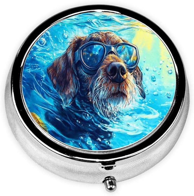German Wirehaired Pointer Dog Portable Pill Organizer | 3 Compartment, With Mirror, For Men Women, For Daily Supplements, Vitamins, Fish Oil, Jewelry, Candy, Travel