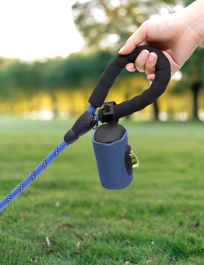 Gobeigo 2-in-1 Dog Poop Bag Holder【Easy Pull-Out Version】(Navy Blue) | Hard Plastic Insert & Soft Fabric Bag Snap-On Strap Dispenser Fits Retractable and Standard Leashes with 1 Roll Bags