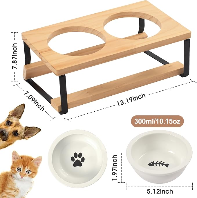 getlstub Elevated Cat Bowls with Wood Stand - Raised Cat Food and Water Bowls for Indoor Cats & Small Dogs, 15°Tilted High Ceramic Anti-Vomit Pet Feeder, Whisker Fatigue Friendly