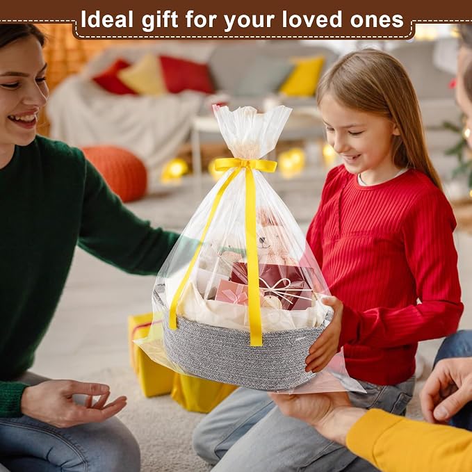 OIAHOMY Gift Basket with Handle, Small Woven Basket with Gift Bag, Ribbon and Wrap Tissue Paper, Nursery Bins Empty to Fill with Small Items, Baby, Pet Toy Organizer - Grey