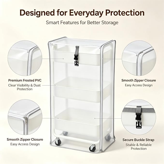 Utility Cart Cover Heavy Duty Dustproof Fits 17x13x31in Supply Cart | Frosted semi-transparent PVC cover keeps cart contents visible yet neat, moisture, and daily home clutter buildup