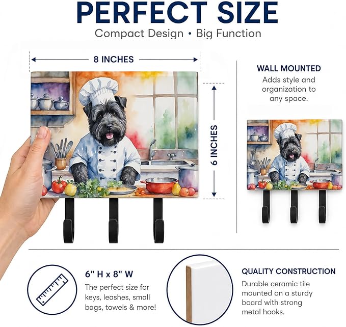 Caroline's Treasures Bouvier des Flandres The Chef Leash or Key Holder Wall Hooks, Key Hooks Holder, Coat Rack Wall Mount, Coat Hooks, Hooks for Hanging Keys, Towels, Aprons, Leashes | Bouvier des Flandres The Chef artwork on ceramic tile with three st...