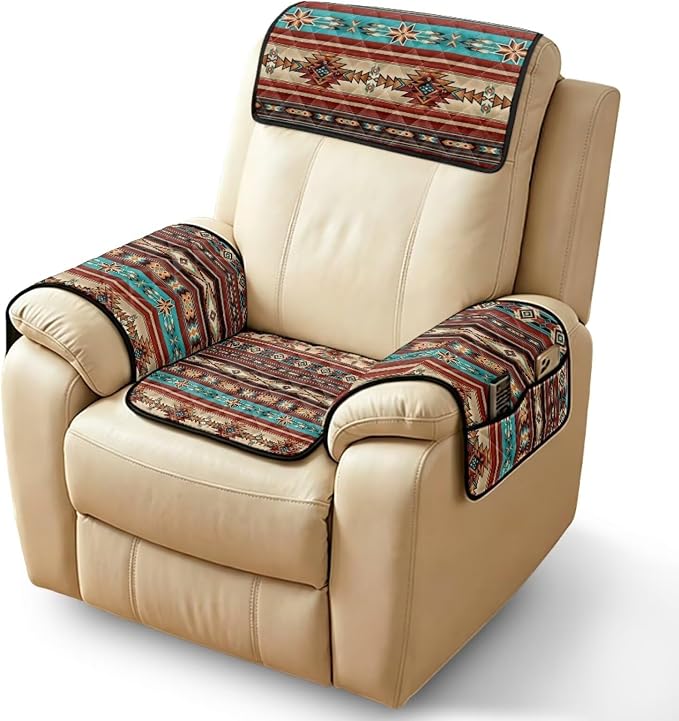 Aztec Quilted Recliner Chair Covers with Arms 4-Piece | Lazy Boy Recliner Chair Covers with Pockets Machine Washable Furniture Protector for Armchairs Wingback Chairs Pet Friendly