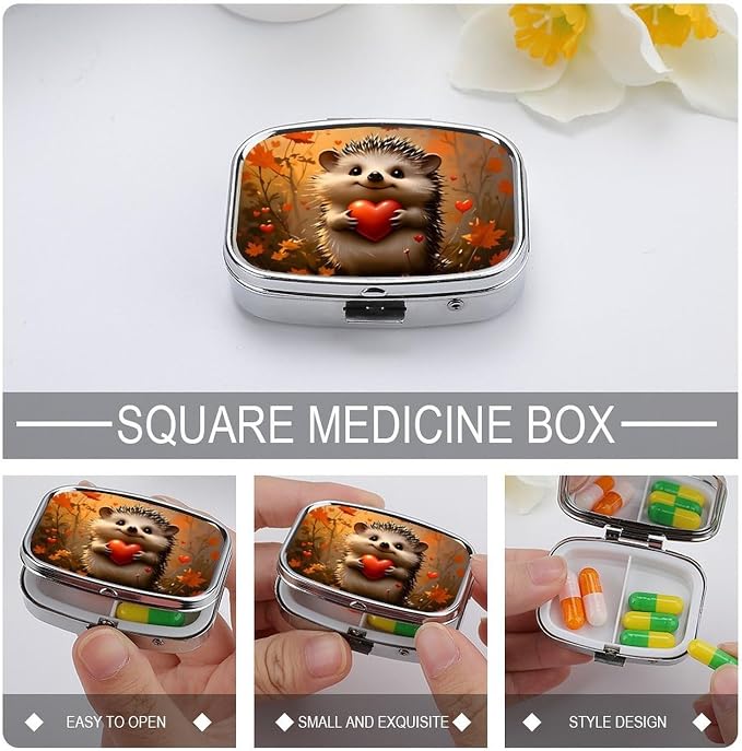 Hedgehog Heart Autumn Durable Metal Pill Case for Daily Use, 2 Slot Medicine Box Organizer,Leak Proof Travel Pill Container for Vitamins, Compact Pocket Medicine Holder for Seniors,Holiday Gift