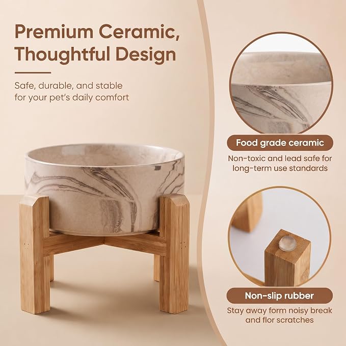 hjn Elevated Ceramic Dog Bowl with Bamboo Stand, Raised Pet Feeding Station for Small Medium Dogs Cats, Modern Design with Anti-Slip Base (Marble Brown, 3.6Cup)