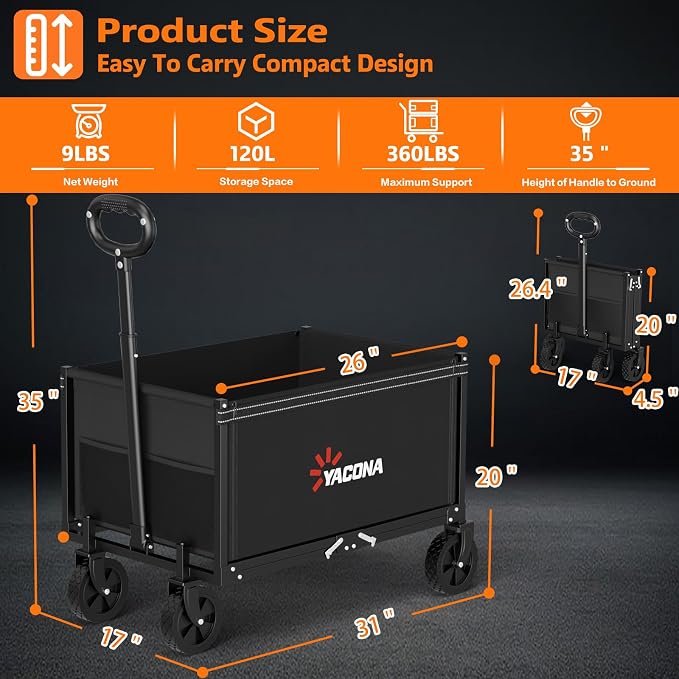 Semoprus 3 in 1 Wagons Carts Foldable,360LBS Beach Cart with Sturdy Wheels | Foldable, Lightweight, Portable, Simple Installation, for Camping Shopping Beach Garden Sports, Black