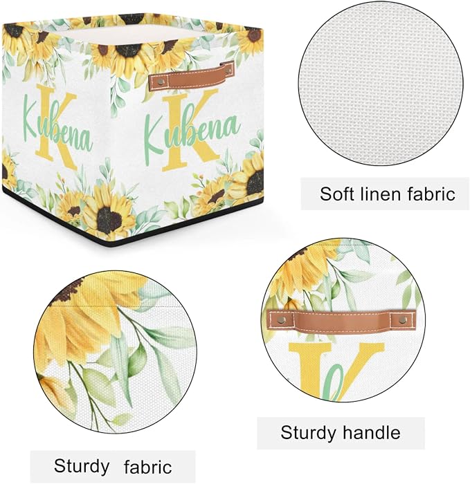 Personalized Name-Initial Sunflower Storage Baskets for Girls Women, Custom Portable Square Storage Bins with Handles Foldable Organizer for Clothes, Toys, Blanket, Towel,Pet 13”