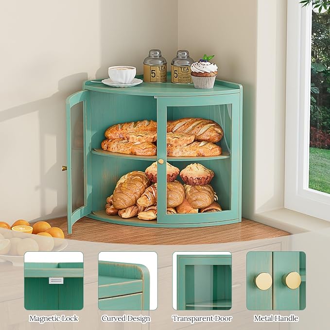Trironsun Fan Shape Corner Bread Box for Kitchen Counter Double Layer Large Bread Storage Container with Acrylic Doors Farmhouse Wooden Bread Box Organizer for Homemade Bread (Antique Blue)