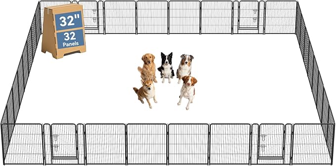 DUMOS Dog Playpen 32 Inch 32 Panels Indoor Outdoor Metal Pet Fence | Foldable Dog Play Pen with Door, Portable Exercise, RV Camping, Puppy Small Medium Dogs