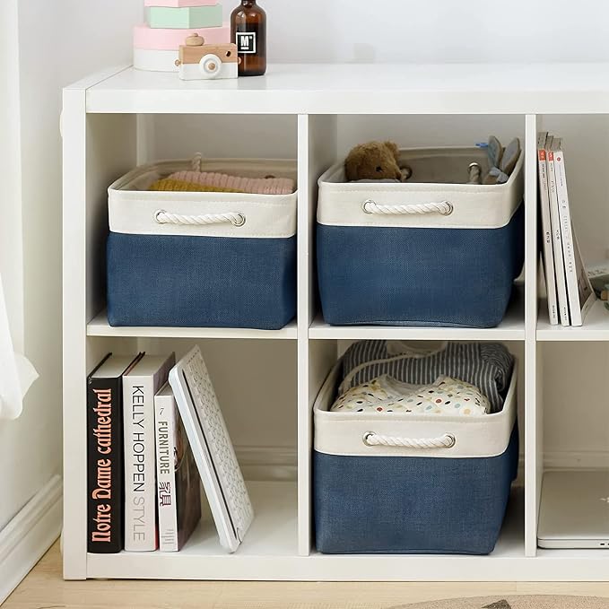 Storage Bins for Shelves - 1 Pack 15.7x11.8x8.3 inch Fabric Storage Cubes, Storage Basket for Organizing Gift Laundry Cloth Toy Room (White & Jean Blue)