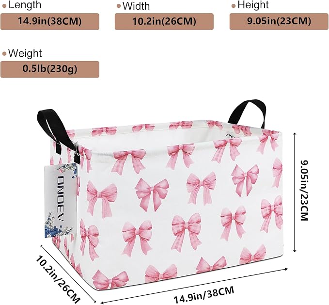 Rectangular Pink Bow Storage Bin,Closet Organizer Basket | Waterproof foldable bin with reinforced handles. Store garments, cosmetics & daily items, sweet gift for teen girls.