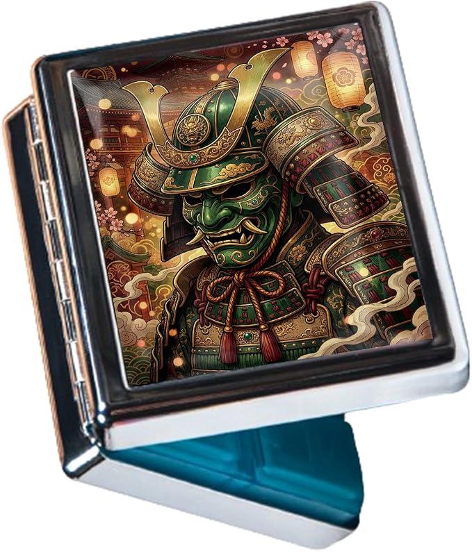 Weekly Pill Organizer, Metal Pill Box with 8 Compartments, Small Travel Pill Case for Purse Pocket, Medicine Vitamin Supplement Organizer (Samurai Demon)
