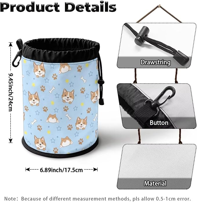 Clothespin Storage Bag with Hooks & Drawstring Closure Corgi Pet Paw Space Saving Organizer for Clothes Pins, Hangs on Clothesline/Drying Rack