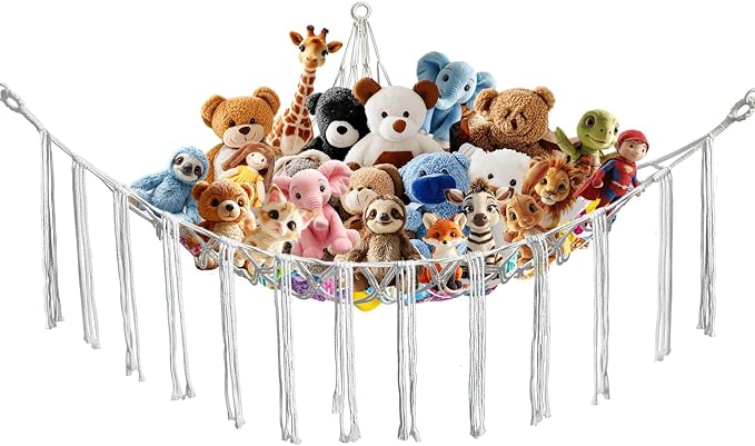 Stuffed Animal Hammock Corner with Hooks Soft Fabric Hanging Bed for Plush Toys, Toy Storage Organizer Playroom Decor (Beige)
