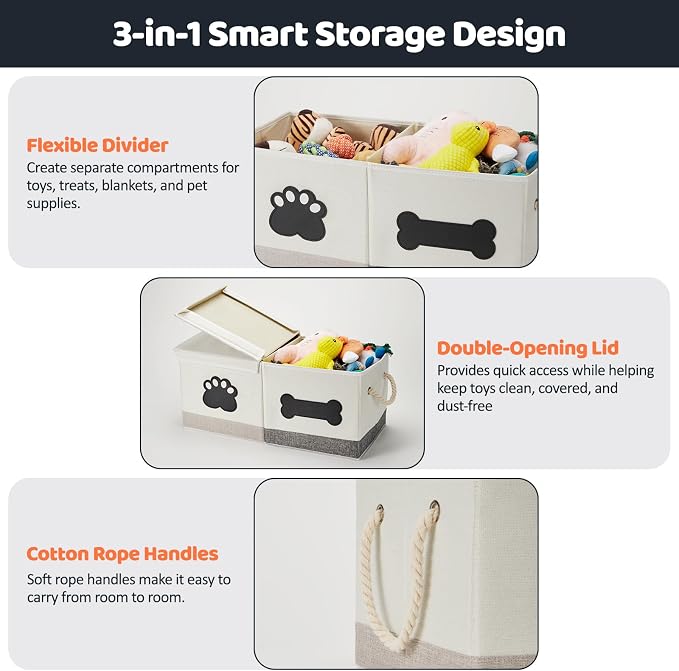Dog Toy Basket Foldable Pet Toy Box Storage Bin with Lid, 21.7×9.8×9.8" | 34L Collapsible Box,Fabric Dog Storage Box with Handle,Name Label and Fexible Divider, Organizer for Living Room, Beige