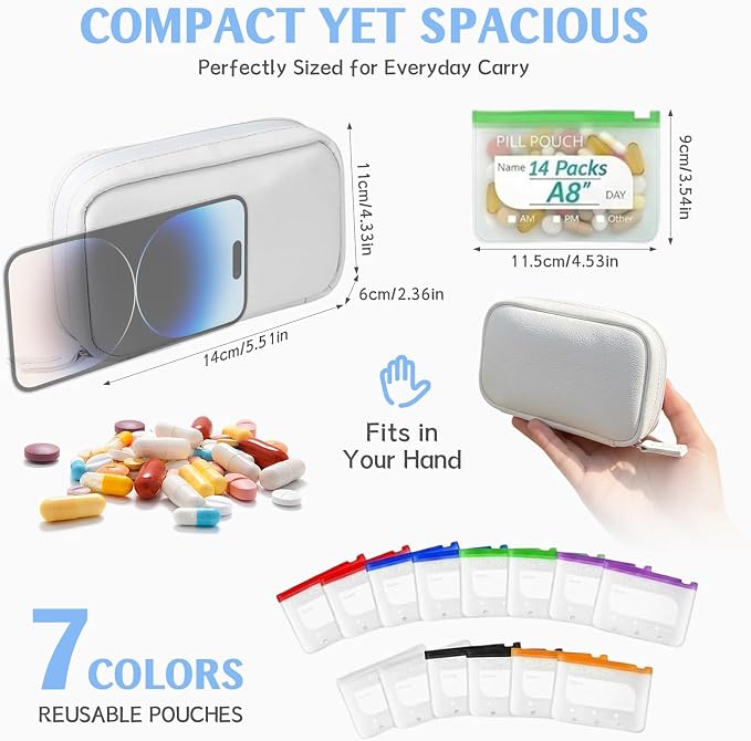 A8 Weekly Waterproof Pill Pouch Set, Reusable Weekly Pill Organizer with 14 Coded AM PM Pouches, Compact Portable Vitamin Supplement Storage Case for Travel Purse Daily Use