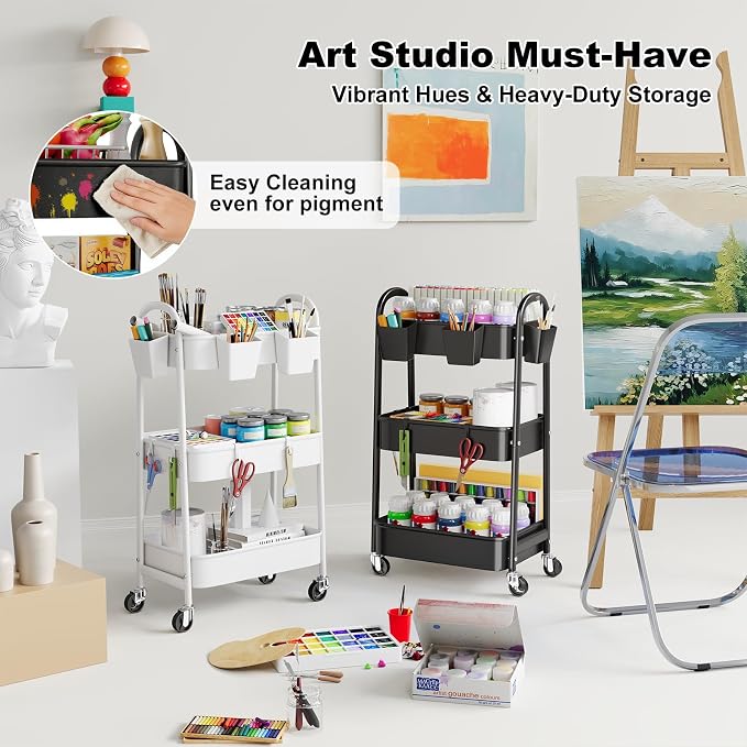 3 Tier Metal Rolling Cart Organizer, White Utility Storage Carts on Wheels | Three Tiered Bedside Carts for Baby Essentials, Utility Roller Shelf for Snack, Art, Cleaning, Craft, Diaper Caddy, Book