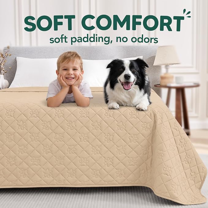 PAWFINITY Waterproof Bed Cover for Dogs, Pet Blanket for Mattress Washable | Paw Print Quilted, Hair Resistant, Anti Cat Scratch, Pee Proof Furniture Protector for Queen Size Bed, 68x82 Inch, Beige