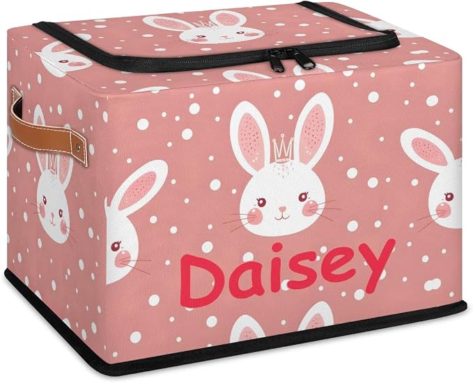Custom Cute Rabbits Storage-Bin With Zipper Lid for Kids-Girls-Boys-Baby-Pet,Personalized Name Foldable Storage Box with Handle,Baby Basket With Label for Bedroom Nursery Toy Clothes,Pink