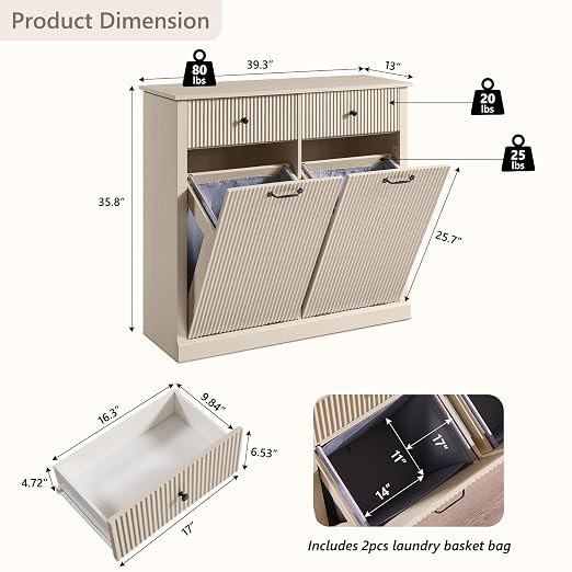 IFGET Double Tilt-Out Trash Cabinet, Fluted Laundry Hamper Cabinet, Cream