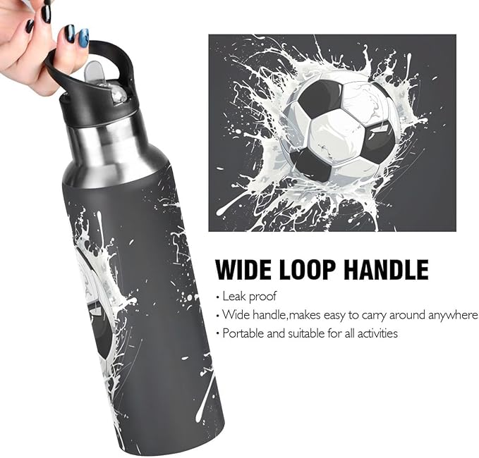 Soccer Ball Water Bottle with Straw Lid Kids Insulated Stainless Steel Water Flask Sports, 20 Oz Hot Cold