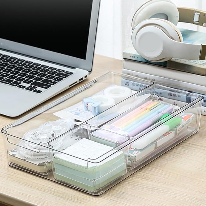 WOONEKY 2pcs Pet Desktop Drawer Organizing Boxes Sundries Storage Bins with Dividers Small and Medium for Office and Makeup Desk Accessories