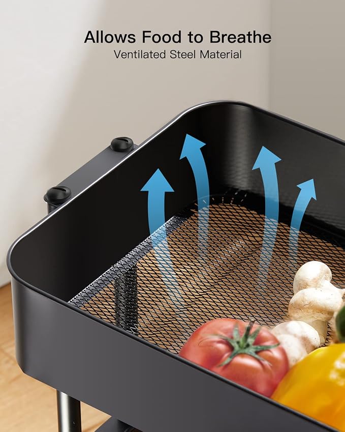 Pipishell 3 Tier Metal Rolling Utility Cart with 2 Lockable Wheels, Black | 360° Rotating Wheel, Heavy-Duty Steel, Sturdy Dual Columns, Ventilated Mesh, Hold 22 lbs per Shelf, for Kitchen & Dining Room