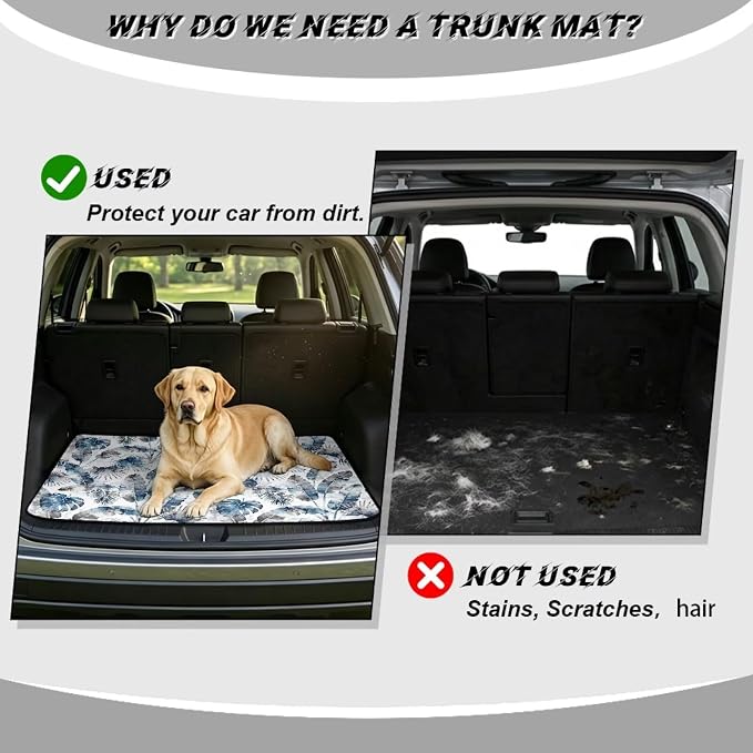 Leaf Print Cargo Mat Rear Trunk Liner, Universal All Weather Car Trunk Mat 29" x 39", Non Slip Washable Durable Pet Friendly Gray Blue Cargo Protection