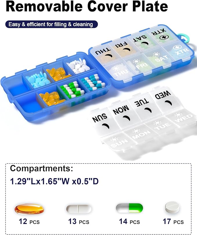 Pill Organizer Travel Medicine Organizer - Weekly Pill Organizer with 2 Extra Compartments, Clear Printed Labels, AM PM Pill Dispenser