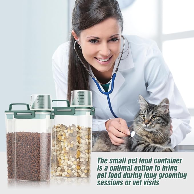 TBMax Small Dog Cat Food Storage Containers 2 Pack, Travel-Friendly Pet Food Container with Spout & Measuring Cup, Portable Pet Feeding Dispenser, Bird Seed Container-Dark Green