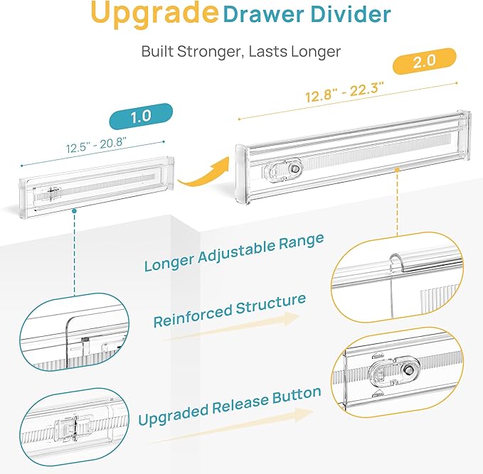 Vtopmart 2.36" Short Upgrade Drawer Dividers 12.8"-22.3" Expandable 8 Pack | Adjustable Kitchen Drawer Organizer, Clear Plastic Separator for Flatware, Utensils, Cutlery, Underwear Storage, Space Saving