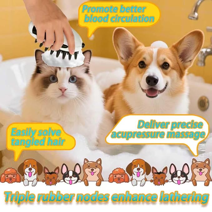 Dog Brush for Long Haired TPR Massage Soft Bristles & 3-Point Brush Head for Bathing Grooming De-Shedding & Detangling Shower Brush for Dogs and Cats