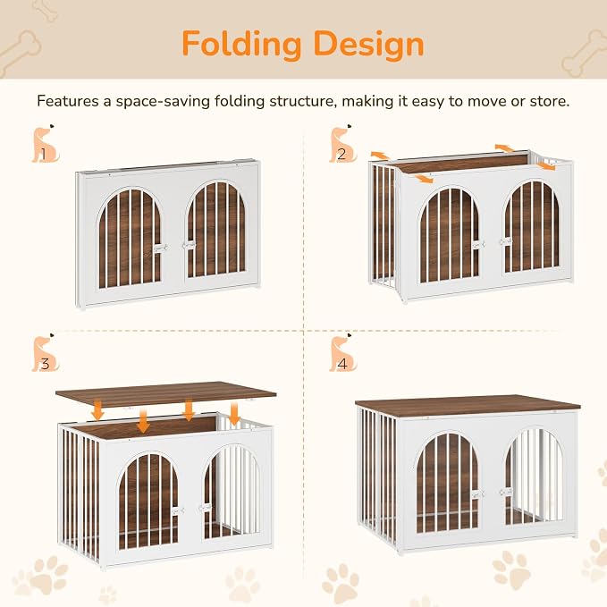 YATINEY 37.4" Dog Crate Furniture Foldable, Assembly-Free Dog Kennel | Arched Design, Collapsible Dog Crate, Dog Cage End Table, with Secure Door Lock, for Living Room, Hallway, Bedroom