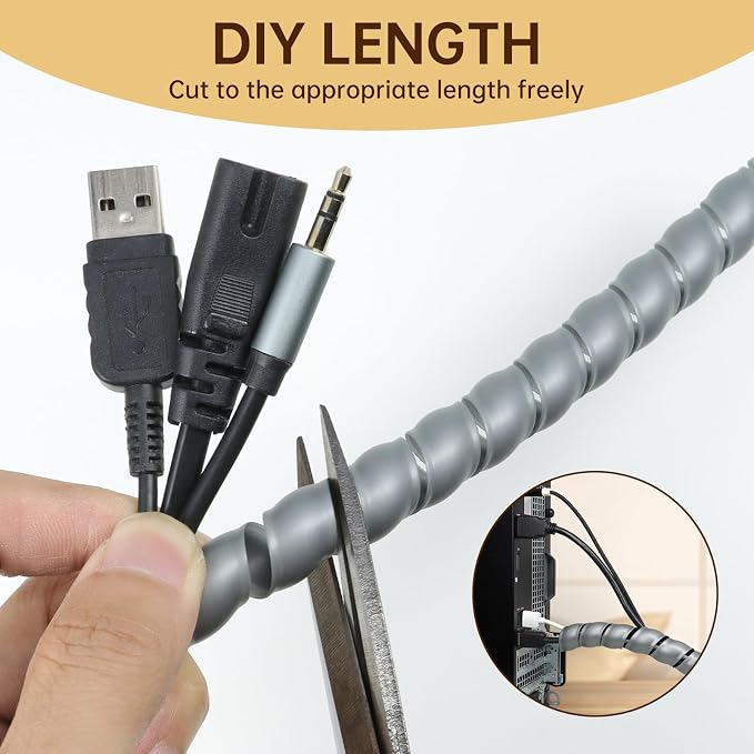 Spiral Cable Wrap, 10ft Cable Sleeves for Cords, Flexible Cable Management Sleeve for Computer, Power, Audio & Video Cords (Grey, 3/4")