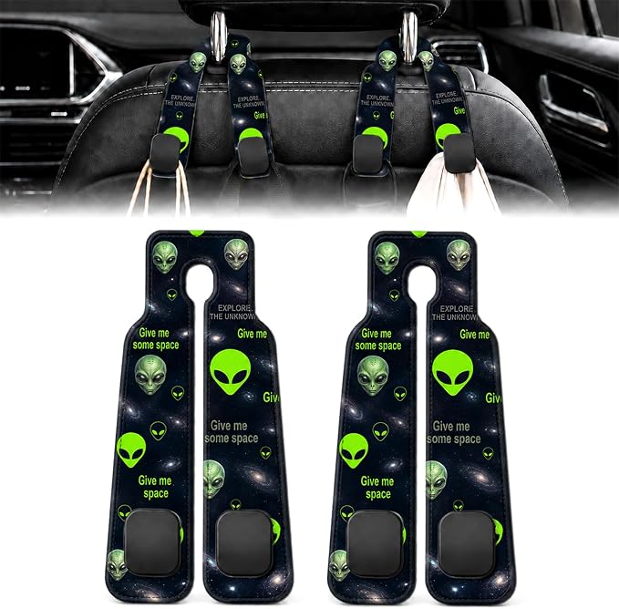 2 Pack Alien Space Car Headrest Hooks for Purse Bag Seat Back Hanger | Alien Car Accessories Metal Hook, Sci-Fi Gifts for Men Women, PU Leather Double Hook for Backseat Organizer