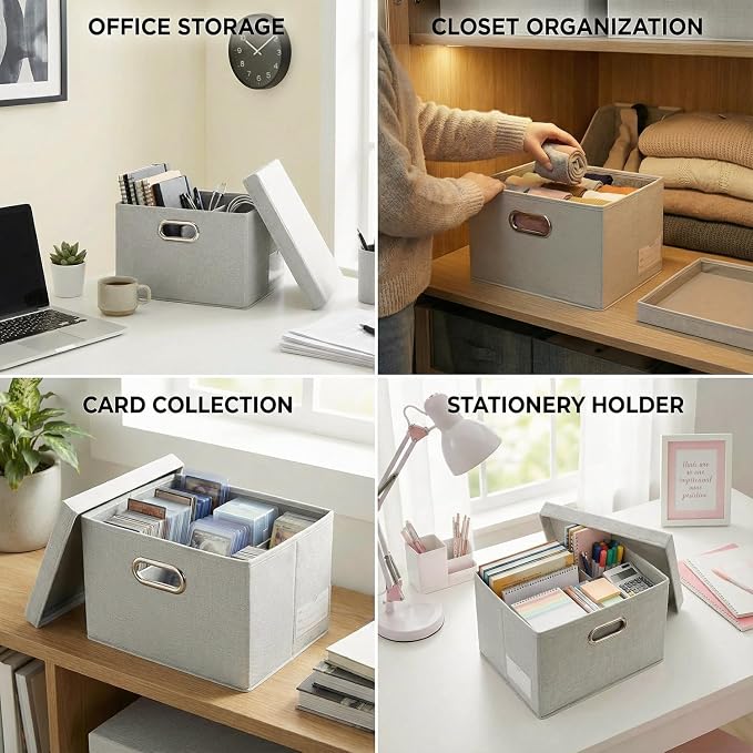 Storage Bins with Lids [3-Pack] Linen Fabric Foldable Storage Boxes Organizer Containers Baskets Cube with Cover for Bedroom Closet Office Beige（11.4X8.6X6.7