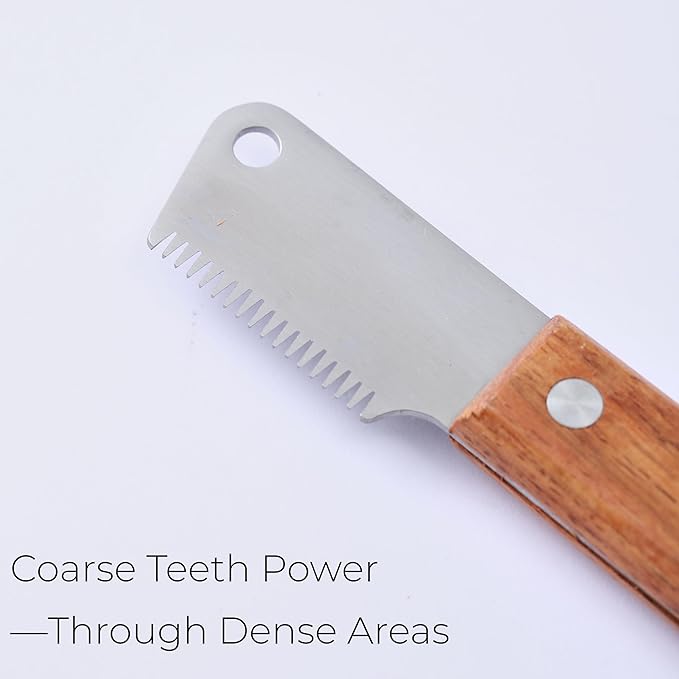Carding Knife for Dog Grooming, Undercoat Removal Comb for Terriers and Double Coated Breeds, 2 Piece Fine and Coarse Wooden Handle Set for Professional Groomers and Home Use