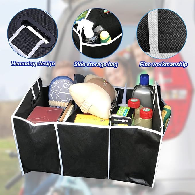 8sanlione Car Trunk Organizer, 3 Compartments, Foldable Storage Bag, Black2 | For sedans, SUVs, vans, woven fabric shell, side grips, light-item sorting, wipe-clean care, automotive interior accessories