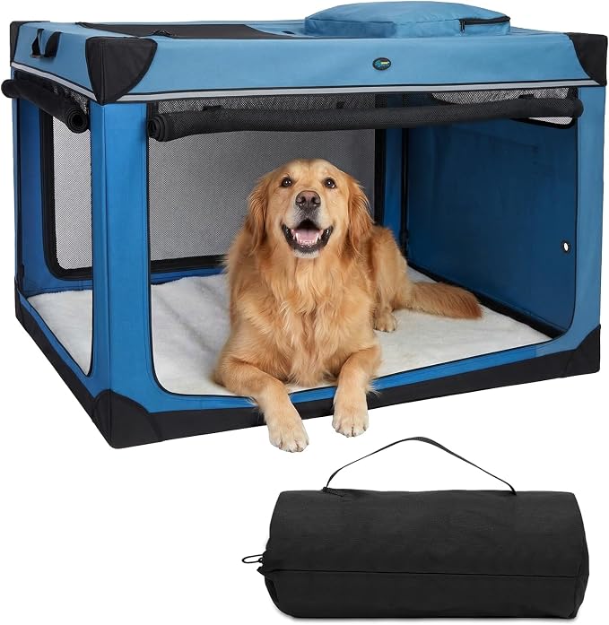 Ownpets Collapsible Dog Crate, 42 inch Portable Travel Dog Crate for Large Dogs, 4-Door Foldable Pet Kennel with Durable Mesh Windows & Soft Mat, Blue | Foldable, Portable, 4-Doors, 4-Side Mesh Windows, Steel Frame Oxford Cloth, Soft Cushion Mat, Leash...